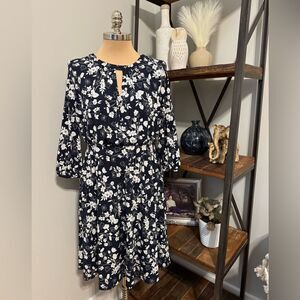 NWT Brooks Brothers Navy & White Floral Jersey Gathered Dress Size MED